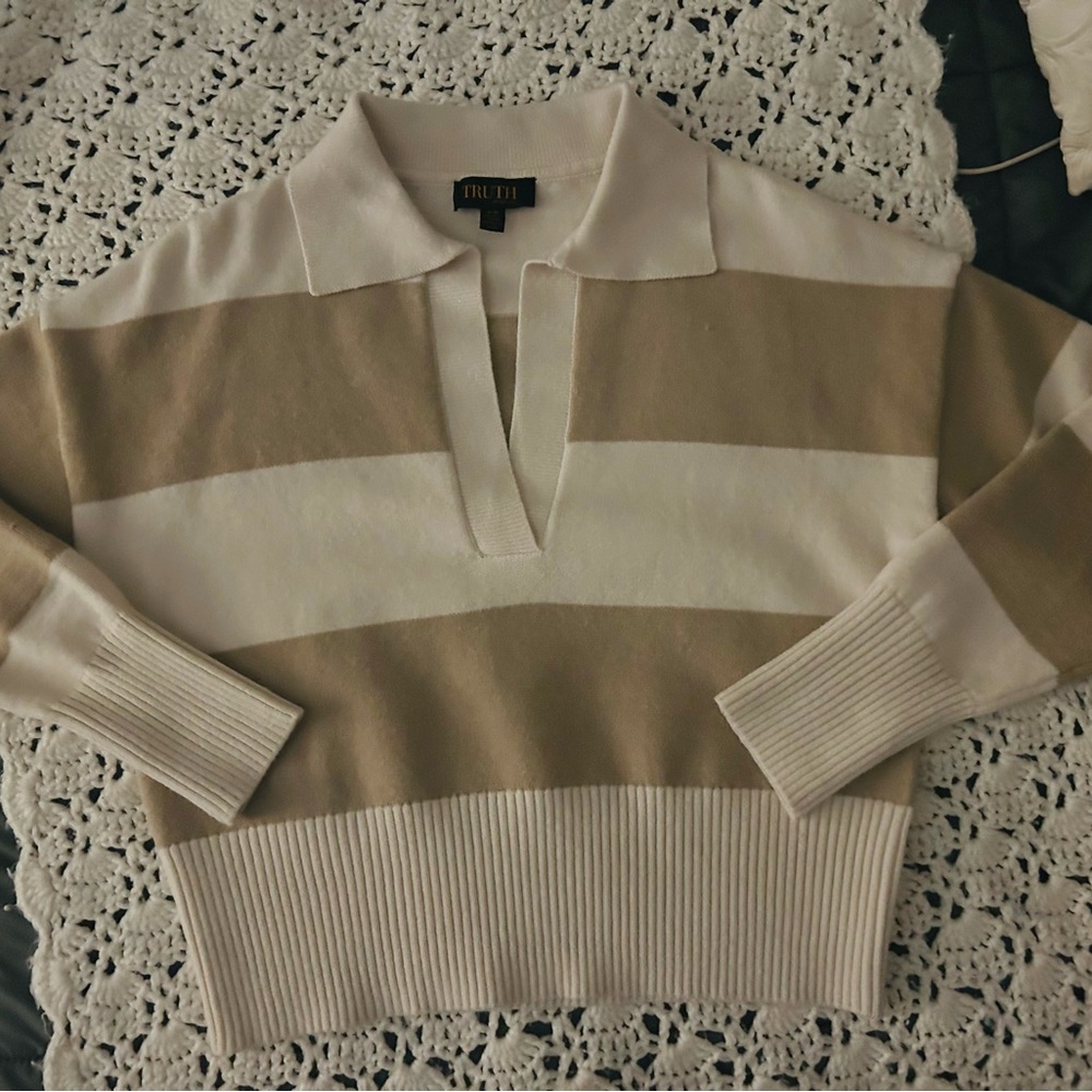 TRUTH Beige and Cream Striped Collared V-Neck Sweater
